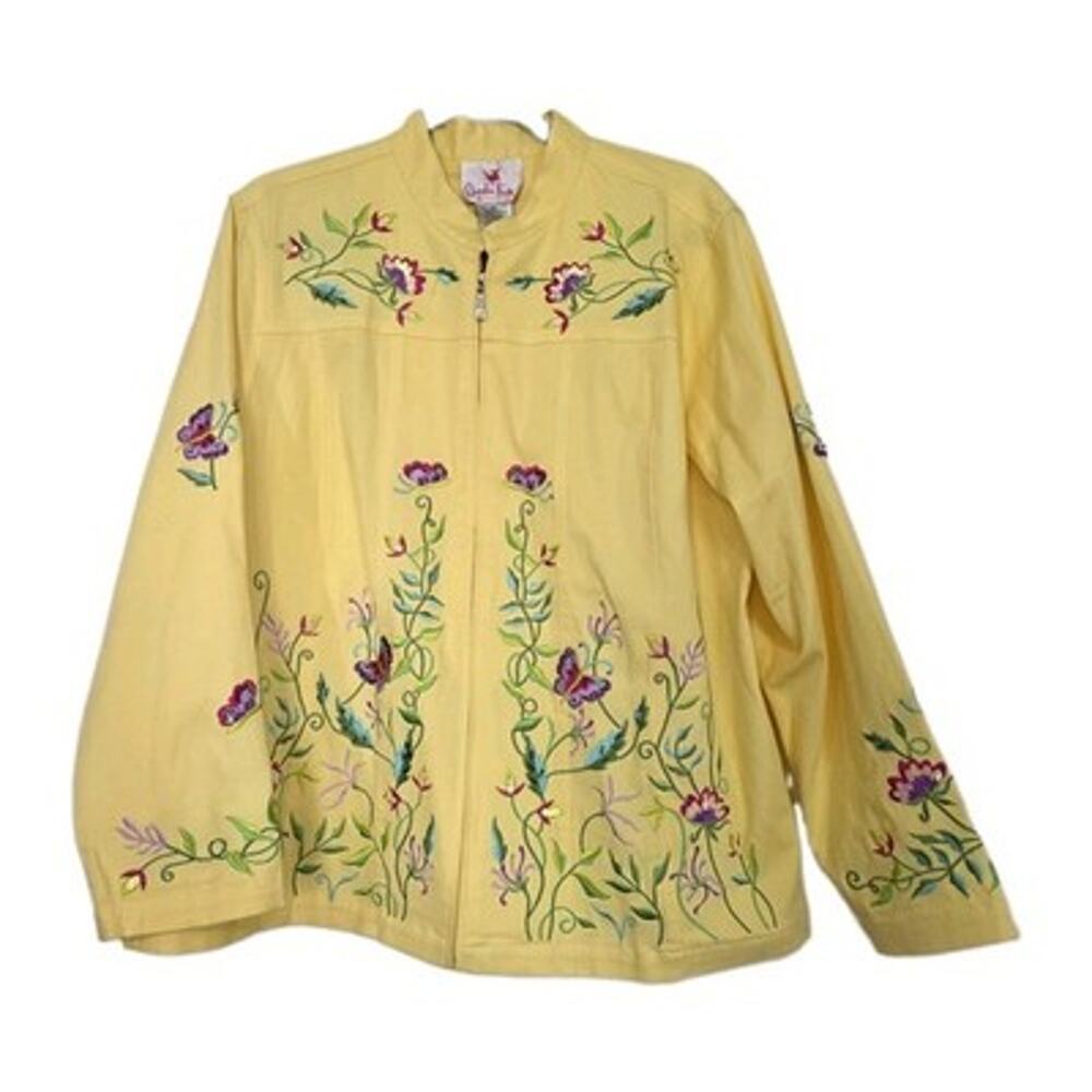 Vintage Embroidered Floral Butterfly Jacket Womens 1X Yellow Fairycore Cottage